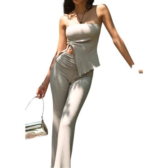 Commense Ribbed Two Piece Set Beige XL | Sleeveless Tie Top & Flared Pants NWT - Picture 6 of 6